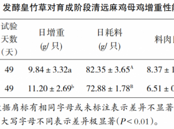发酵皇竹草对育成阶段清远麻鸡增重性能的影响